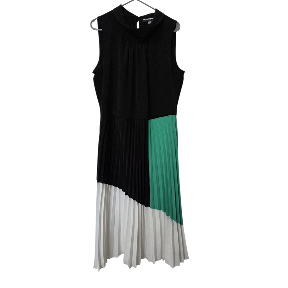 KARL LAGERFELD Sleeveless Pleated Colorblock Dress Size 14 Black Green Midi